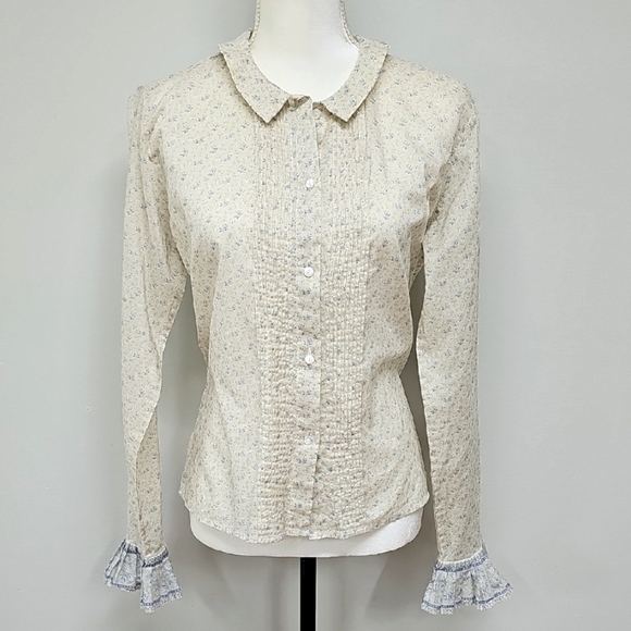 Ralph Lauren Blue Label Cream Floral Pin Tuck Pleat Button-Up Blouse SZ 10 - Picture 1 of 10